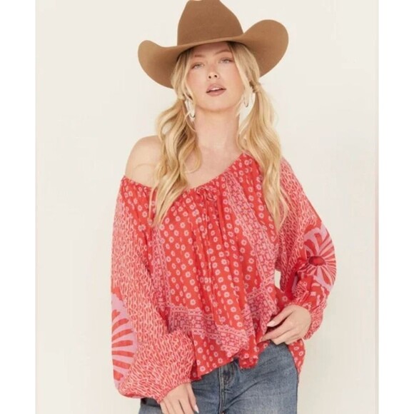 Free People Elena Pink Printed‎ Top Floral Light Weigh 100% Cotton Long Sleeve M - Picture 1 of 8